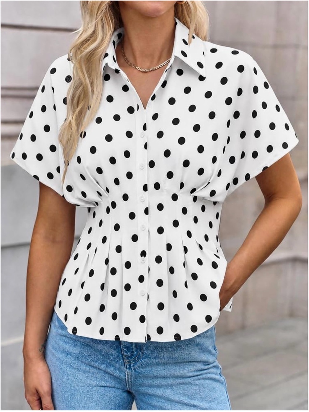 NWT White Button-Down Polka Dot Blouse with Black Dots